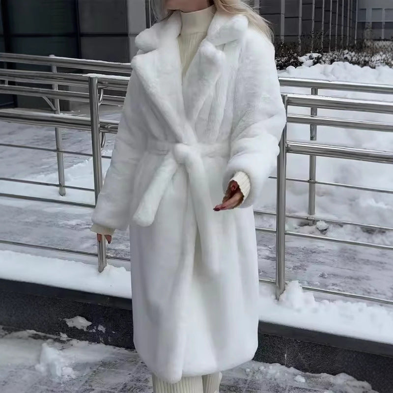 Women's Cozy Faux Fur Coat with Wide Lapel Collar and Belt