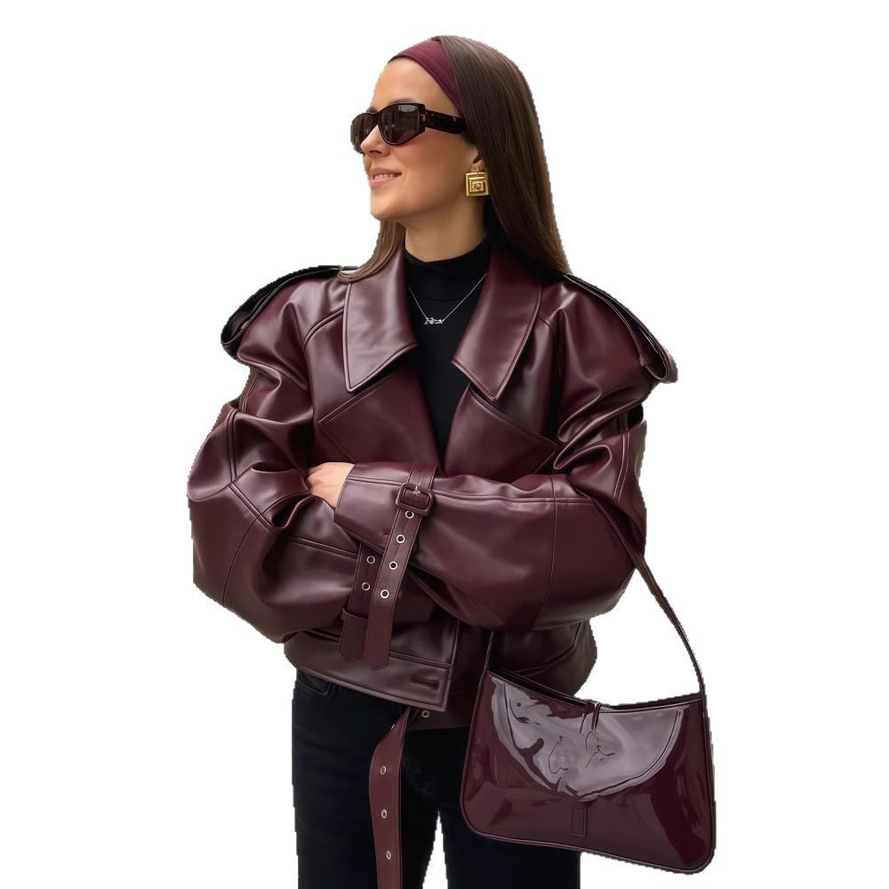Dulcira | Women's oversized faux leather jacket with statement cuffs