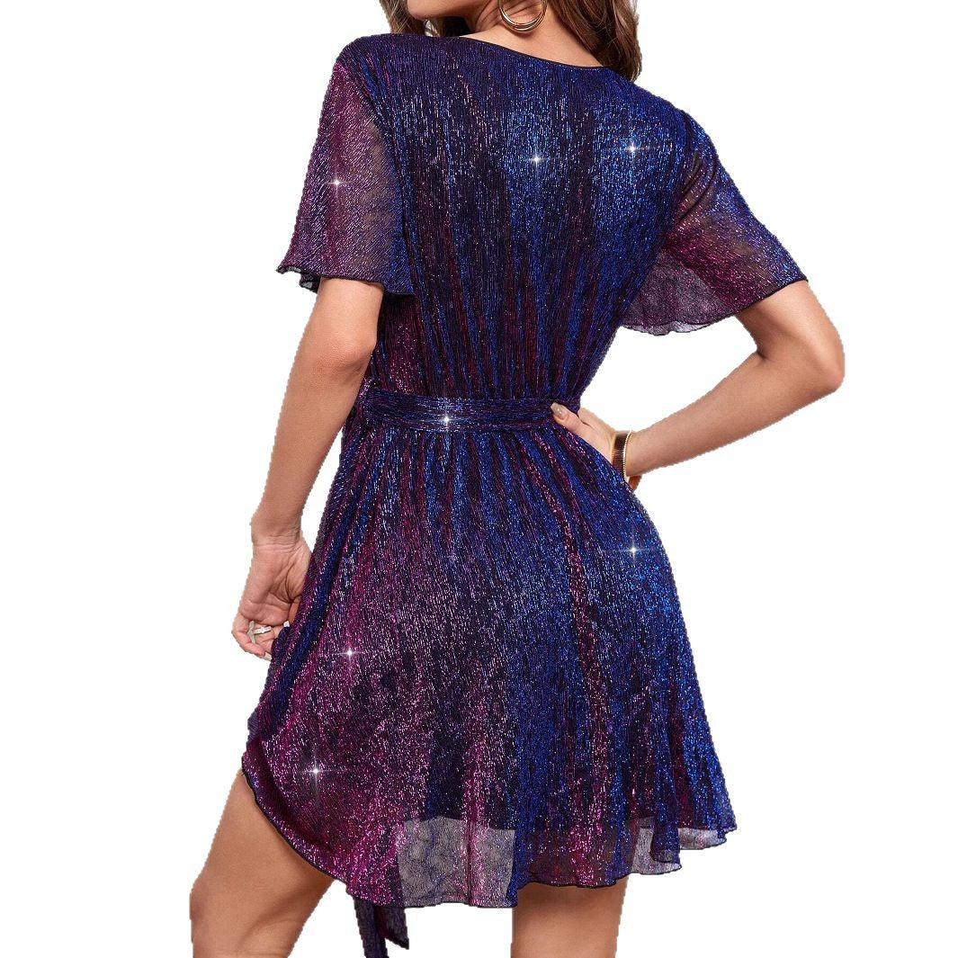 Dulcira | V-Neck Sequin Party Style Short Sleeve Dress