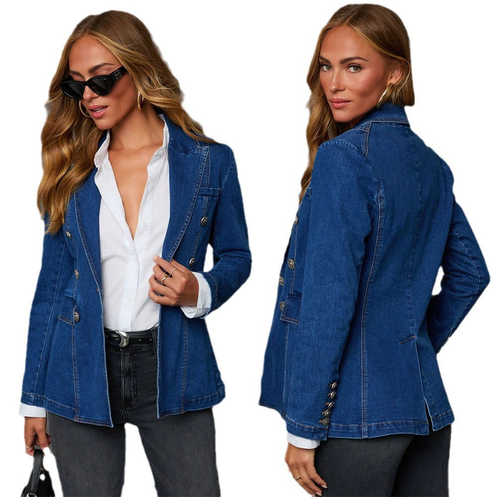 Ladies Denim Blazer In Elegant Double-Breasted Style Dulcira
