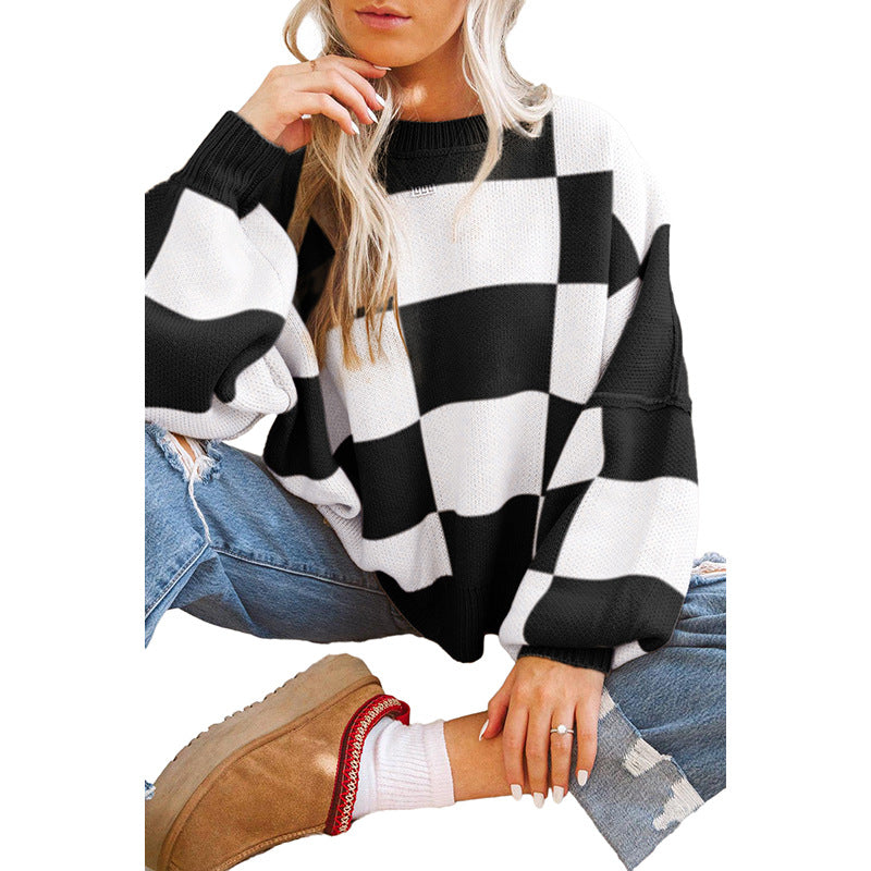 Dulcira | Women's Oversized Sweater with Check Pattern and Voluminous Sleeves