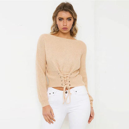 Dulcira | Women Cropped Knit Sweater With Trendy Lacing