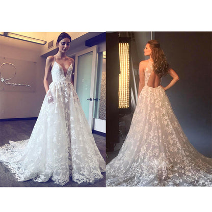 Ladies Wedding Dress with Deep V-Neck and Delicate Lace Dulcira
