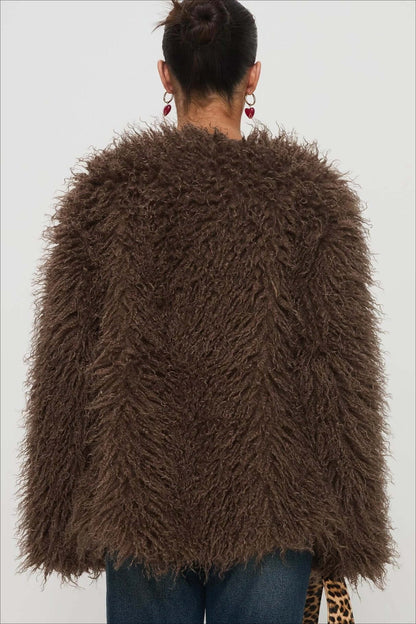 Dulcira | Fluffy Brown Faux Fur Oversized Jacket