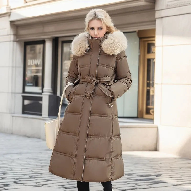 Dulcira | Women's Long Winter Coat with Fur Hood and Belt
