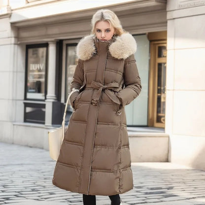 Dulcira | Women's Long Winter Coat with Fur Hood and Belt