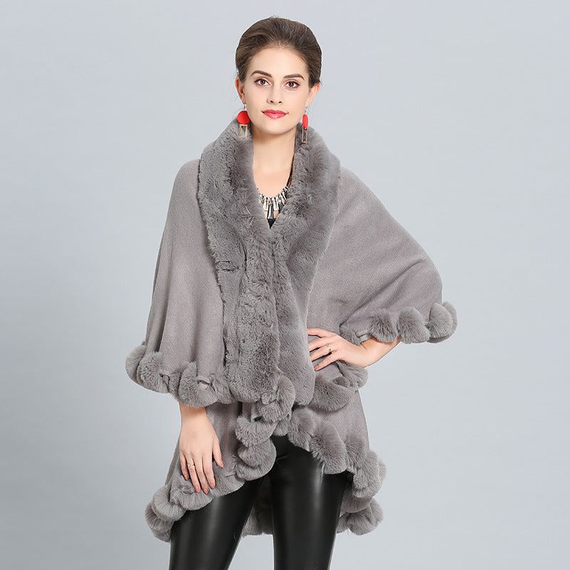 Dulcira | Women's Hooded Poncho with Luxurious Fur Collar and Elegant Trim