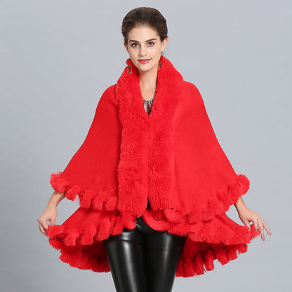 Dulcira | Women's Hooded Poncho with Luxurious Fur Collar and Elegant Trim