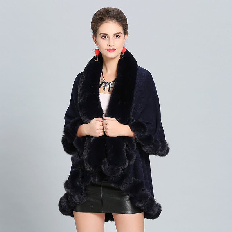 Dulcira | Women's Hooded Poncho with Luxurious Fur Collar and Elegant Trim