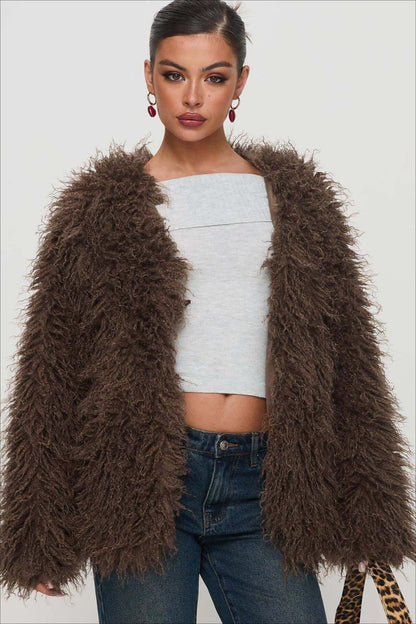 Dulcira | Fluffy Brown Faux Fur Oversized Jacket