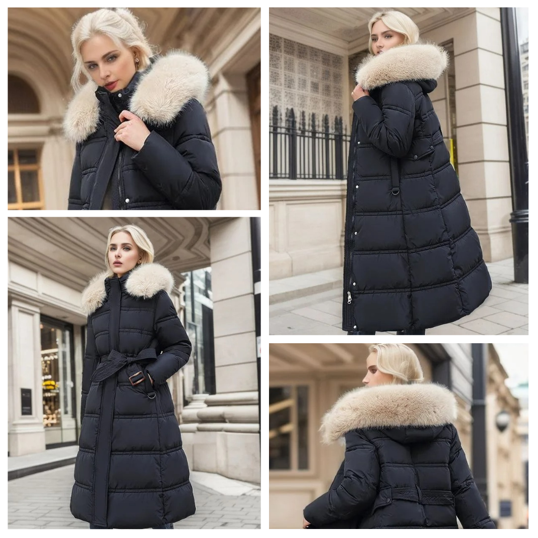 Dulcira | Long Winter Jacket Puffer Design Faux Fur Hood Tailored Belt Warm and Insulating