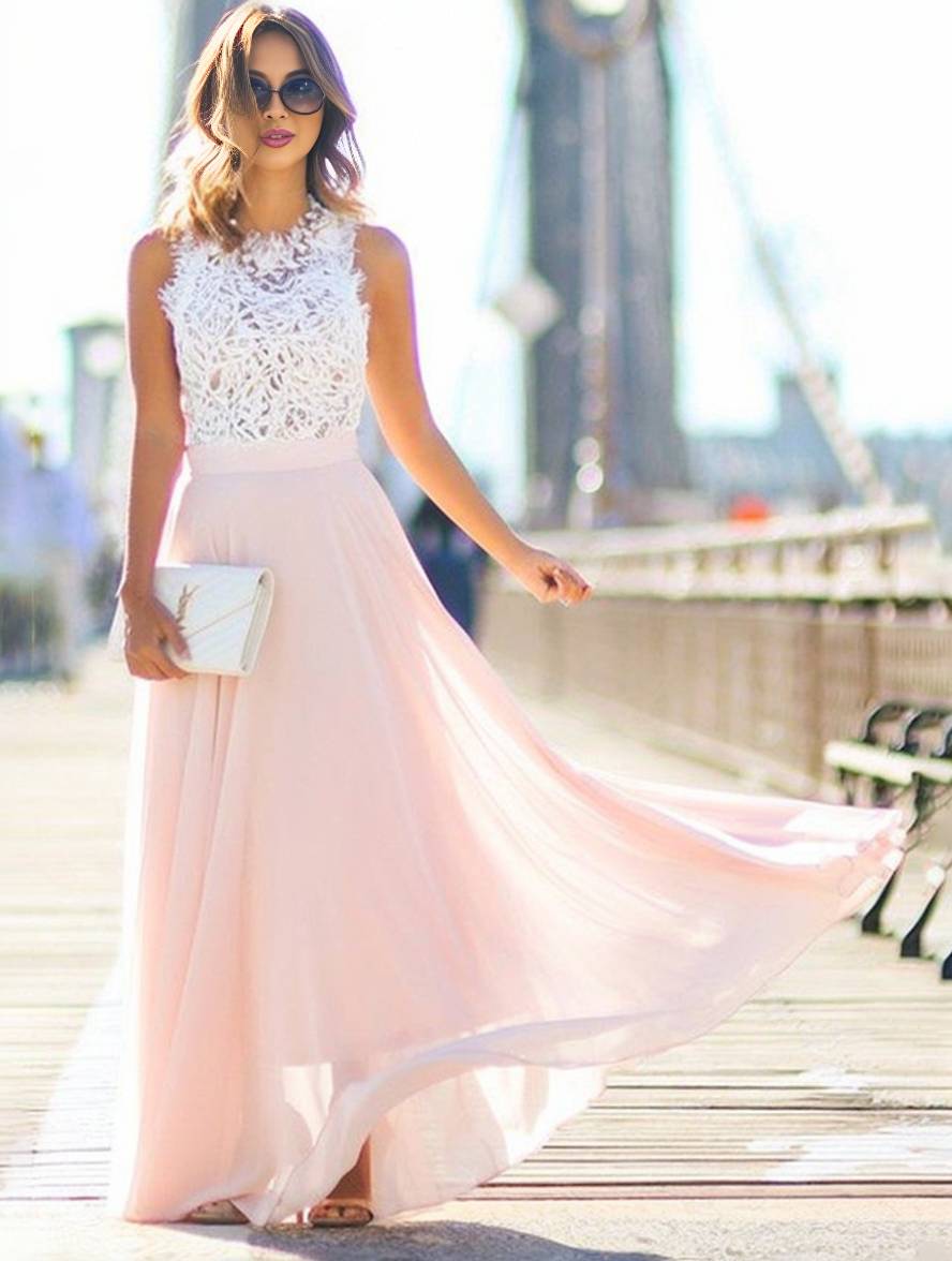 Dulcira | Long Bridesmaid Dress Lace Chiffon Fluid Round Neck Sleeveless Elegant Pink and White