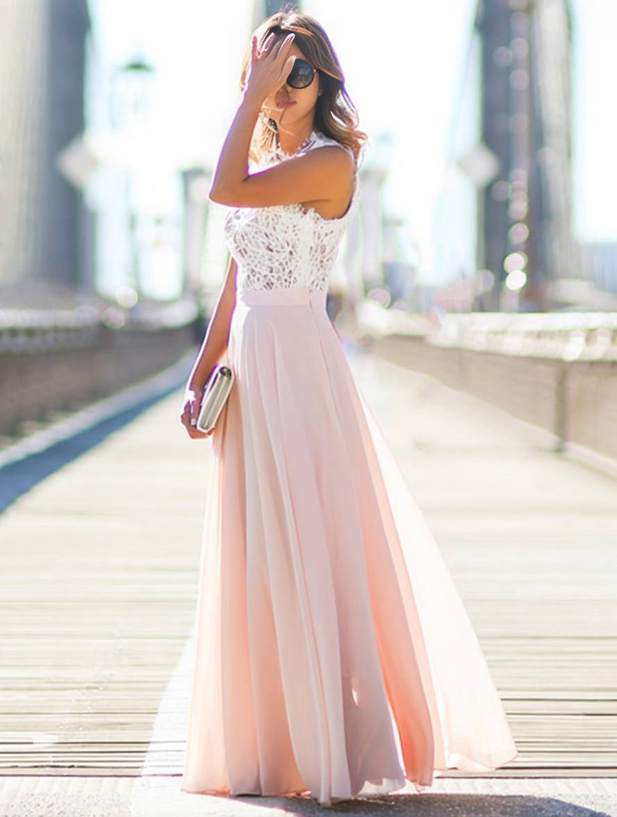 Dulcira | Long Bridesmaid Dress Lace Chiffon Fluid Round Neck Sleeveless Elegant Pink and White