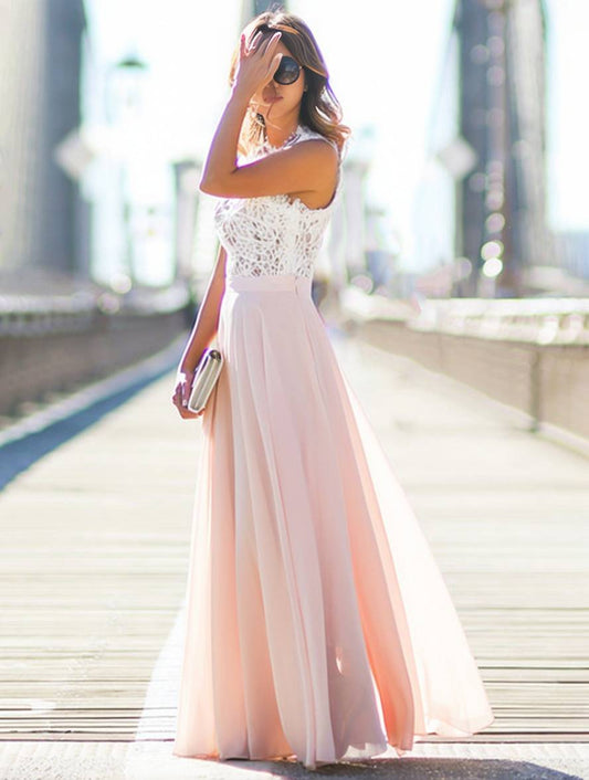 Dulcira | Long Bridesmaid Dress Lace Chiffon Fluid Round Neck Sleeveless Elegant Pink and White