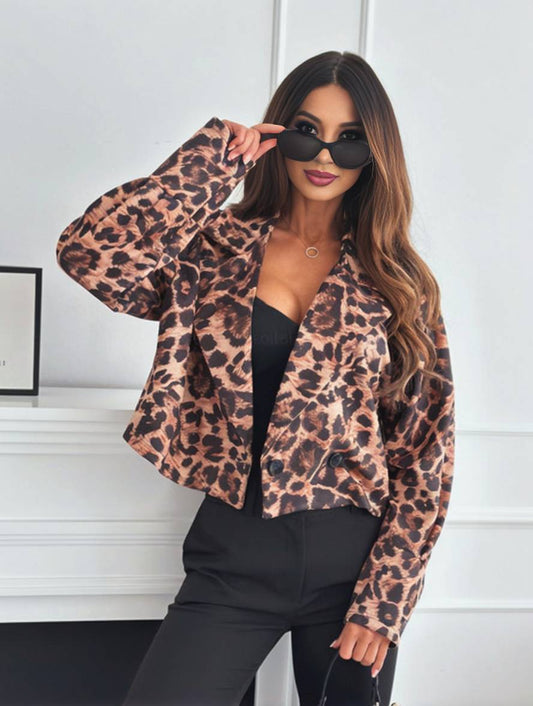 Dulcira | Short Leopard Motorcycle Jacket with Buttons, Long Sleeve, Women, Elegant, Casual, Fashion Perfecto