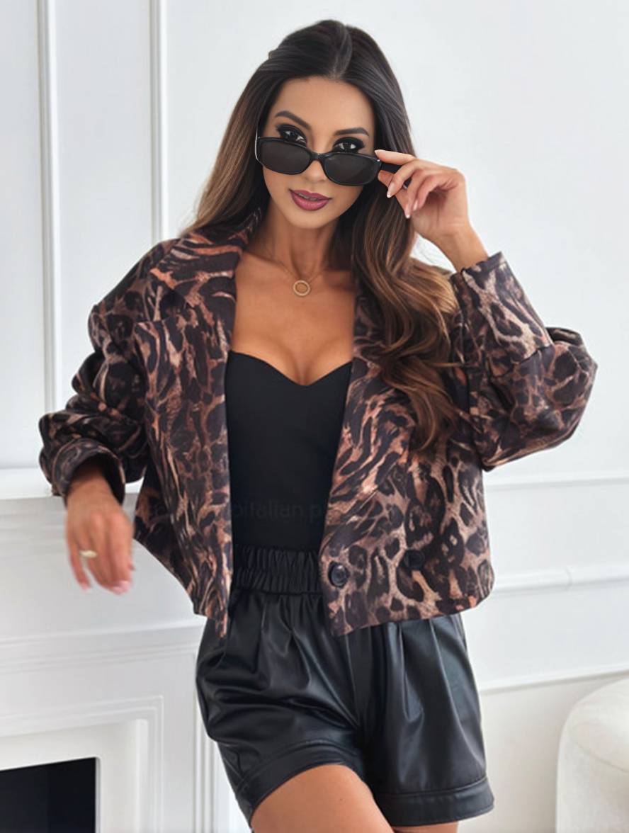 Dulcira | Short Leopard Motorcycle Jacket with Buttons, Long Sleeve, Women, Elegant, Casual, Fashion Perfecto