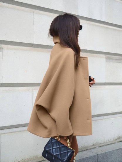 Dulcira | Mid-Length Wool Coat with Notched Collar Pockets Batwing Sleeves Long Sleeves Women Elegant Casual Oversized Jacket