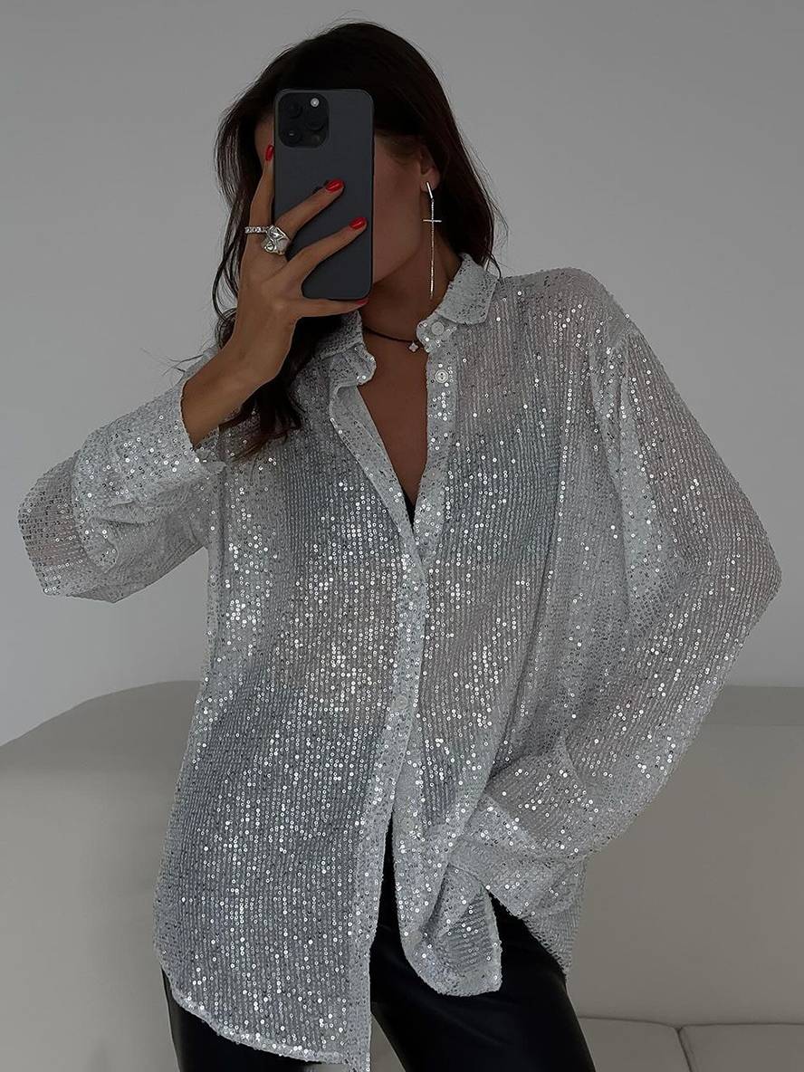 Dulcira | Blouse Brillante Sequins Shirt Collar Shirt Long Sleeves Women Elegant Casual Oversized