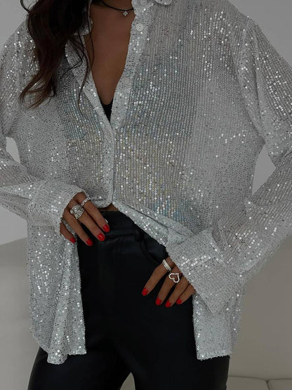 Dulcira | Blouse Brillante Sequins Shirt Collar Shirt Long Sleeves Women Elegant Casual Oversized