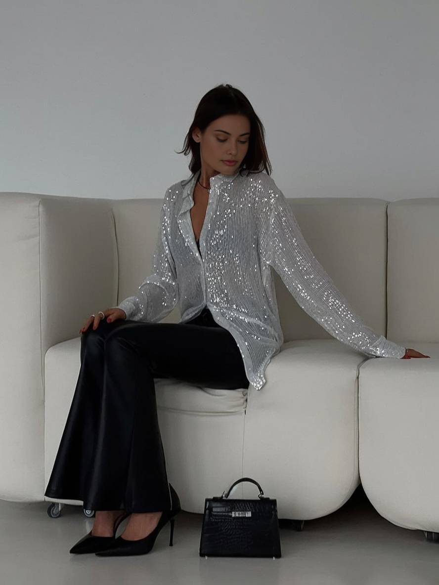 Dulcira | Blouse Brillante Sequins Shirt Collar Shirt Long Sleeves Women Elegant Casual Oversized