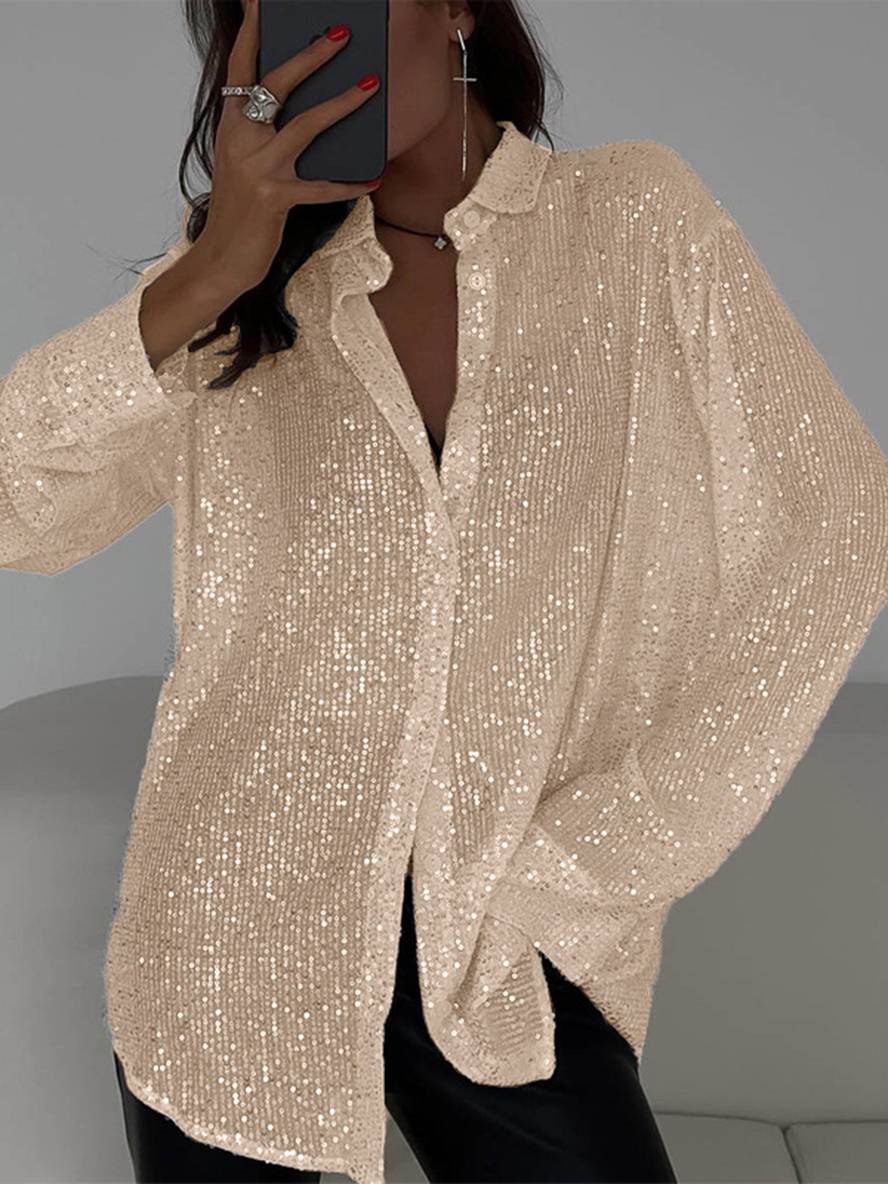 Dulcira | Blouse Brillante Sequins Shirt Collar Shirt Long Sleeves Women Elegant Casual Oversized