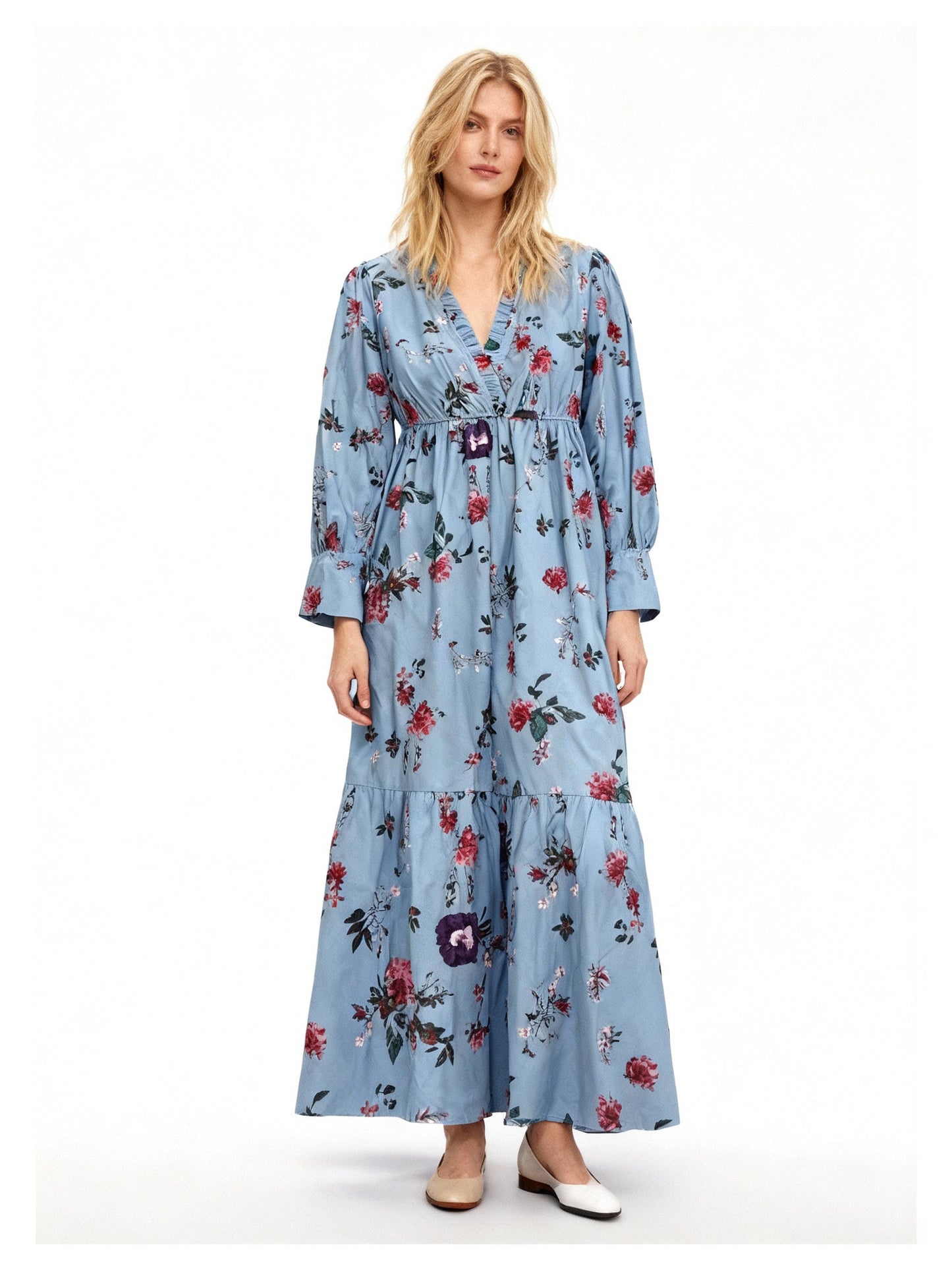 Dulcira | Patterned Printed Long-Sleeved Pleated Dress