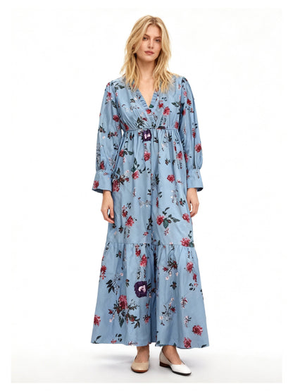 Dulcira | Patterned Printed Long-Sleeved Pleated Dress