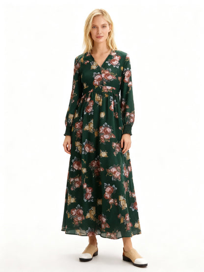 Dulcira | Patterned Printed Long-Sleeved Pleated Dress