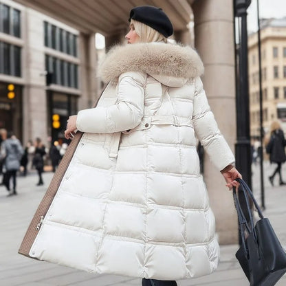 Dulcira | Long Winter Jacket Puffer Design Faux Fur Hood Tailored Belt Warm and Insulating