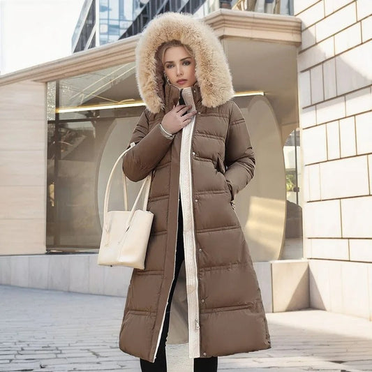 Dulcira | Long Winter Jacket Puffer Design Faux Fur Hood Tailored Belt Warm and Insulating