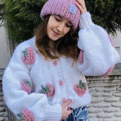 Dulcira | Women Cozy Cardigan with Cheerful Strawberry Pattern and Button Details