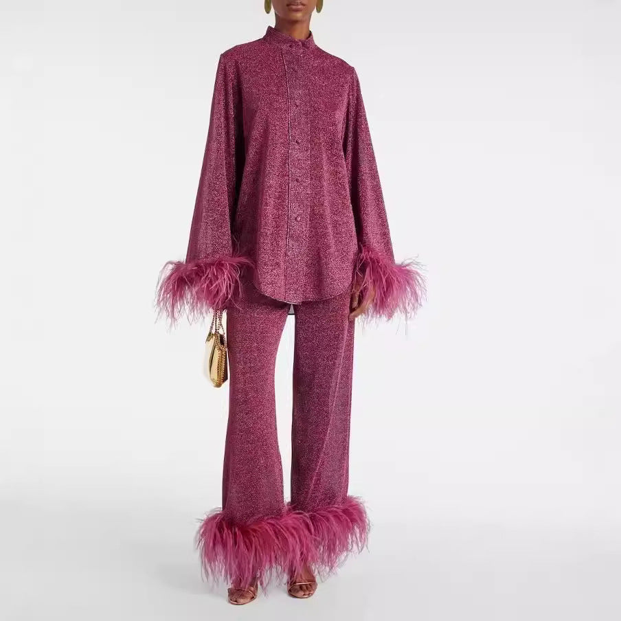 Dulcira | Autumn Winter Feather Stand Collar Long Sleeve Top and Pants Set