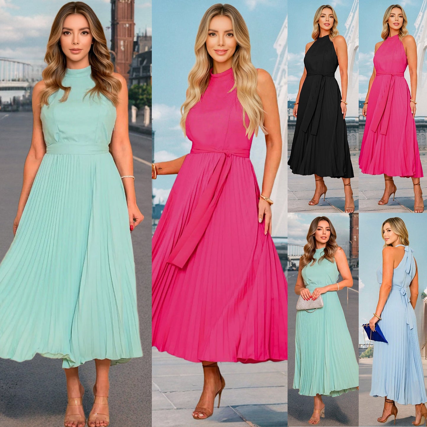 Women's Pleated Maxi Dress with Elegant Round Neckline and Flowing Fall Dulcira