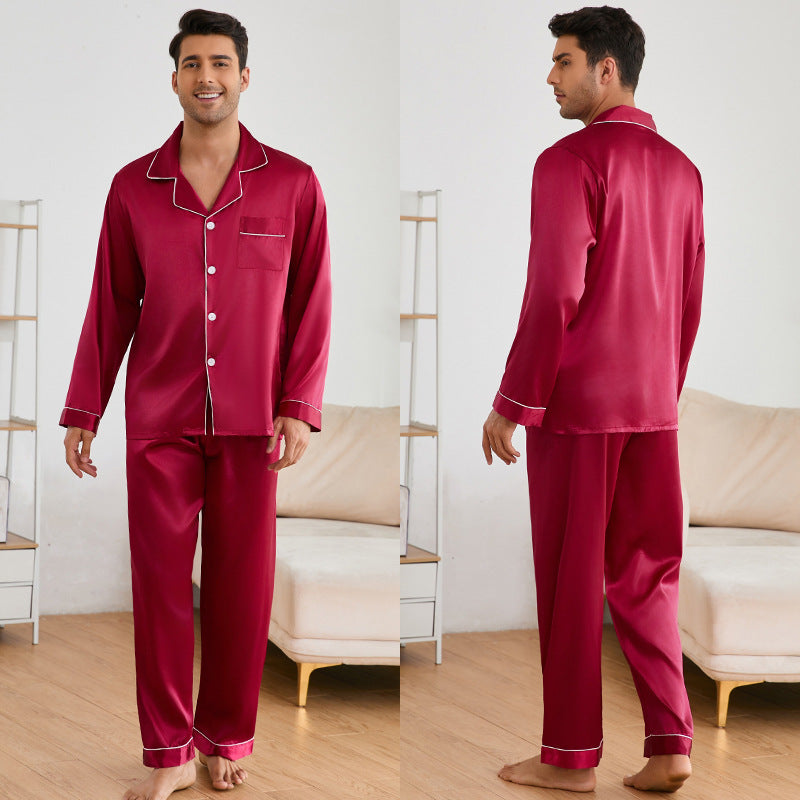 Men's Satin Pajama Set with Classic Collar and Elegant Contrast Seams Dulcira