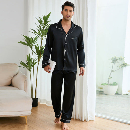 Men's Satin Pajama Set with Classic Collar and Elegant Contrast Seams Dulcira