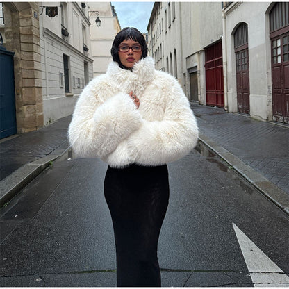 Women Fluffy Short Jacket with Voluminous Sleeves