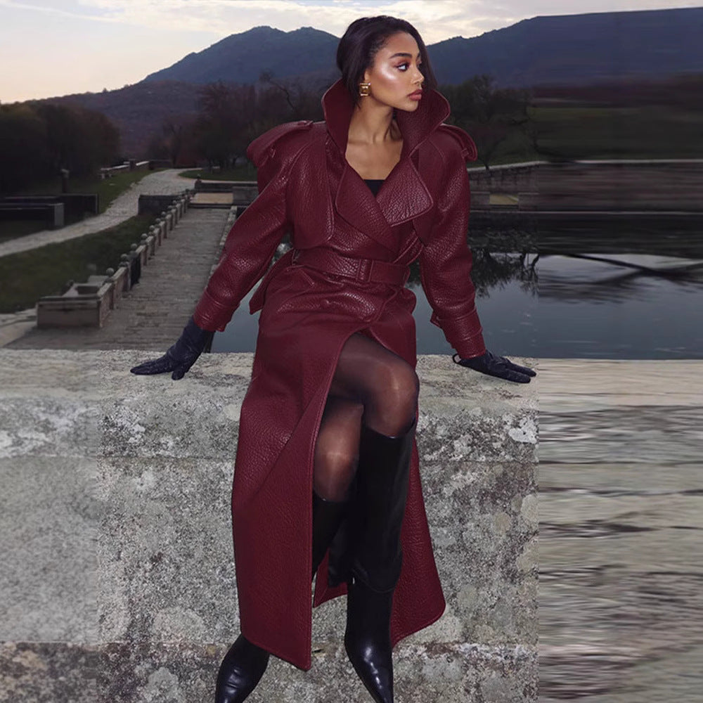 Dulcira | Women's Faux Leather Trench Coat with Top and Waist Belt
