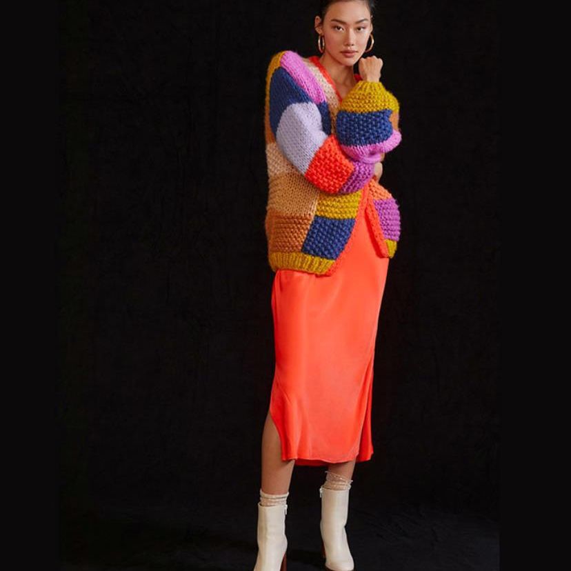 Dulcira | Women's Chunky Knit Cardigan with Colorful Patchwork Design