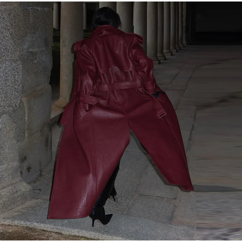 Dulcira | Women's Oversized Faux Leather Trench Coat with High Collar and Removable Belt