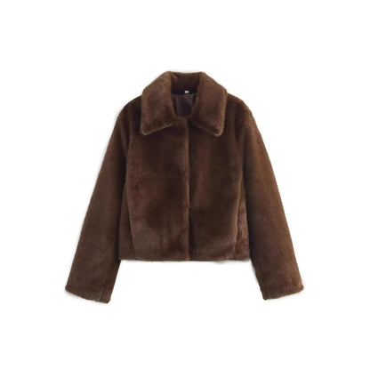 Women's Fluffy Faux Fur Jacket with Elegant Collar and Open Cut