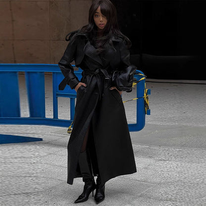 Dulcira | Women's Faux Leather Trench Coat with Top and Waist Belt