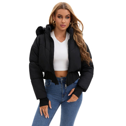 Dulcira | Women's cropped down jacket with detachable hood and faux fur trim