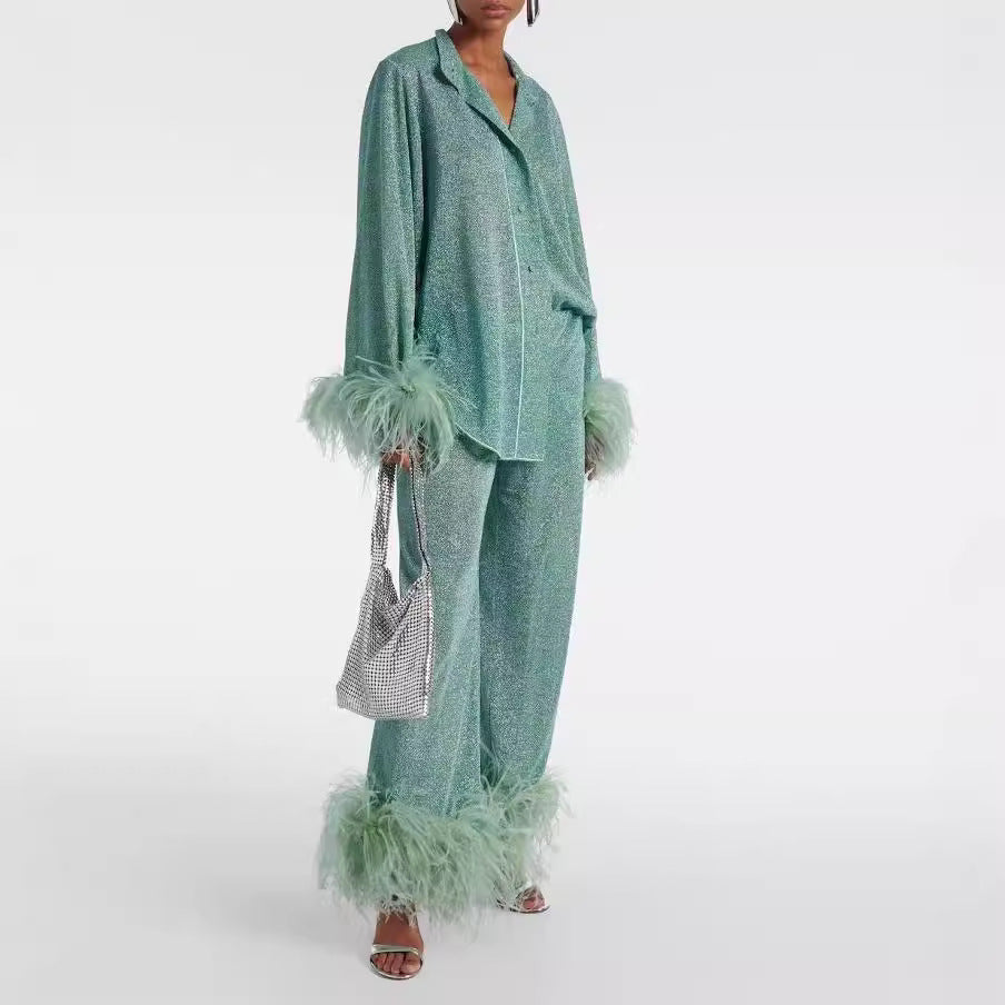 Dulcira | Autumn Winter Feather Stand Collar Long Sleeve Top and Pants Set