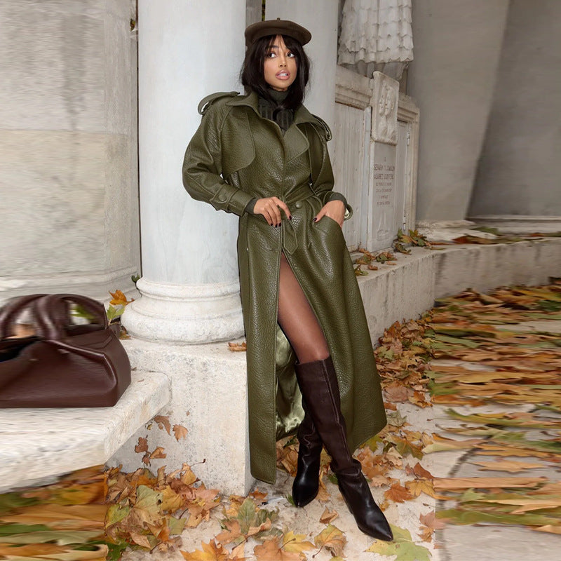Dulcira | Women's Faux Leather Trench Coat with Top and Waist Belt