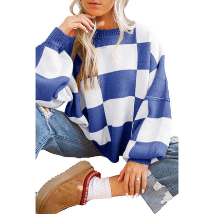 Dulcira | Women's Oversized Sweater with Check Pattern and Voluminous Sleeves