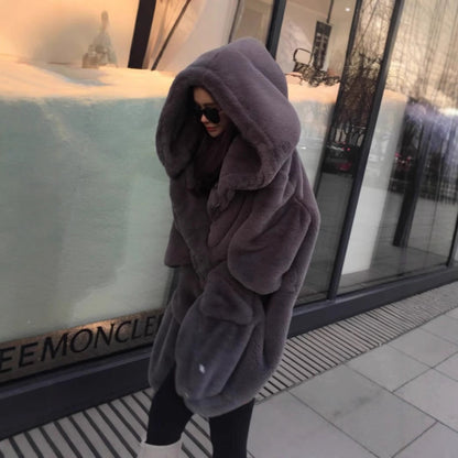 Dulcira | Ladies Oversized Faux Fur Coat with Hood and Pockets