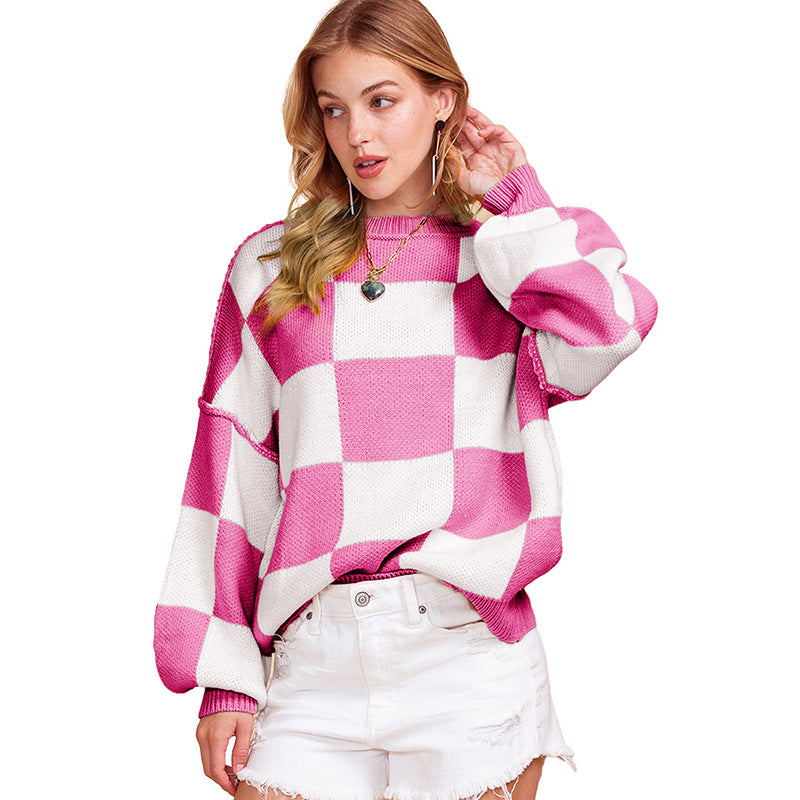 Dulcira | Women's Oversized Sweater with Check Pattern and Voluminous Sleeves