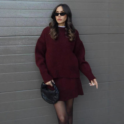 Dulcira | Women cozy knitted ensemble with high-neck design and flared skirt