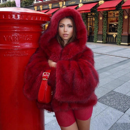 Women's Oversized Faux Fur Jacket with Hood and Voluminous Sleeves