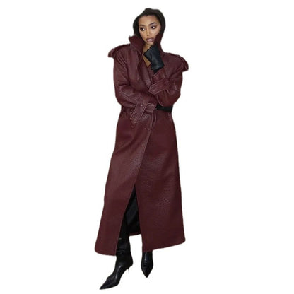 Dulcira | Women's Oversized Faux Leather Trench Coat with High Collar and Removable Belt